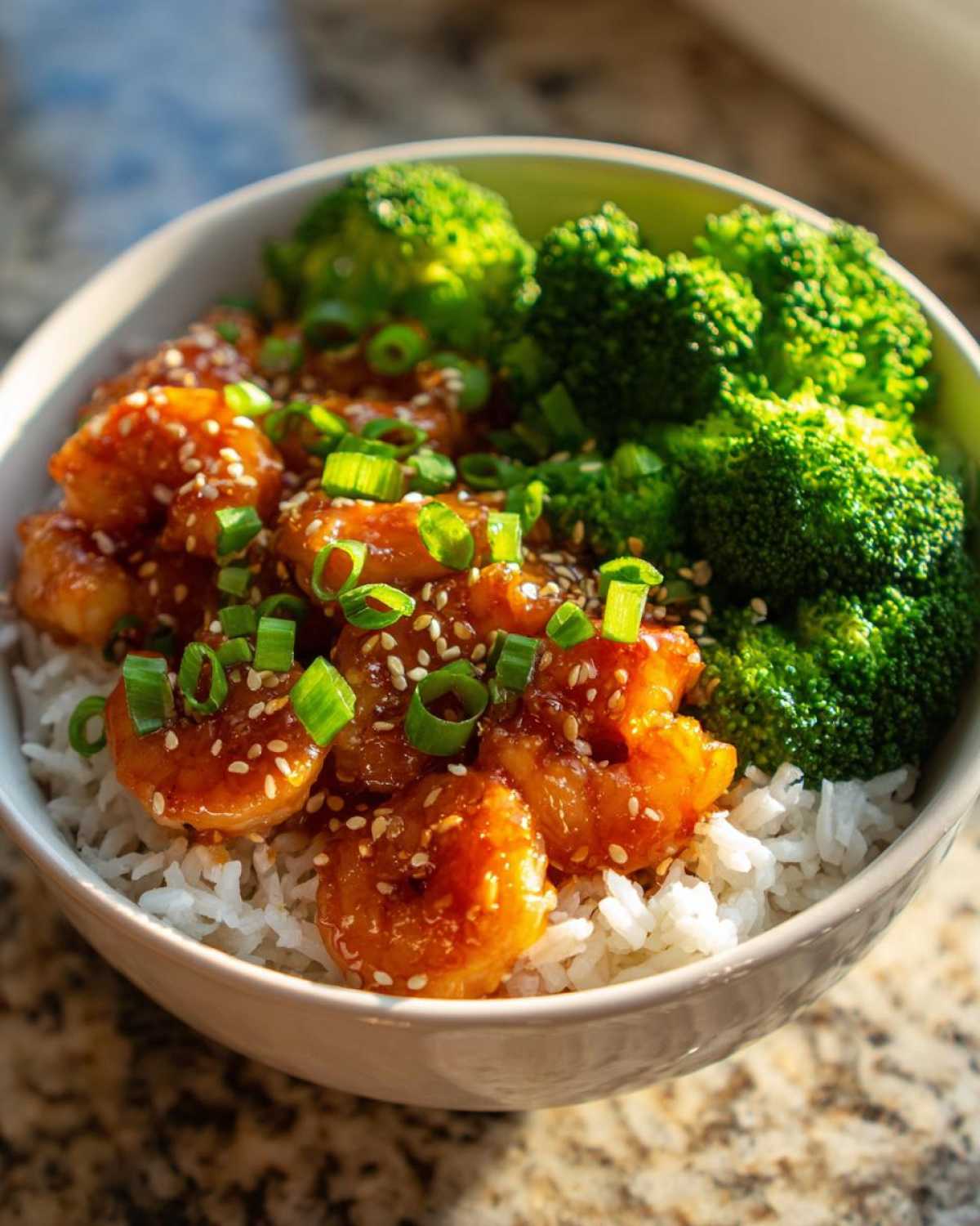A close-up of a bowl filled with white rice topped with glossy Honey Garlic Shrimp, steamed broccoli, and garnished with sesame seeds and green onions.