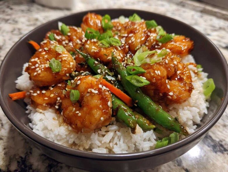 Close-up of a Honey Garlic Shrimp Bowls serving with glazed shrimp, white rice, green beans, and sesame seeds.