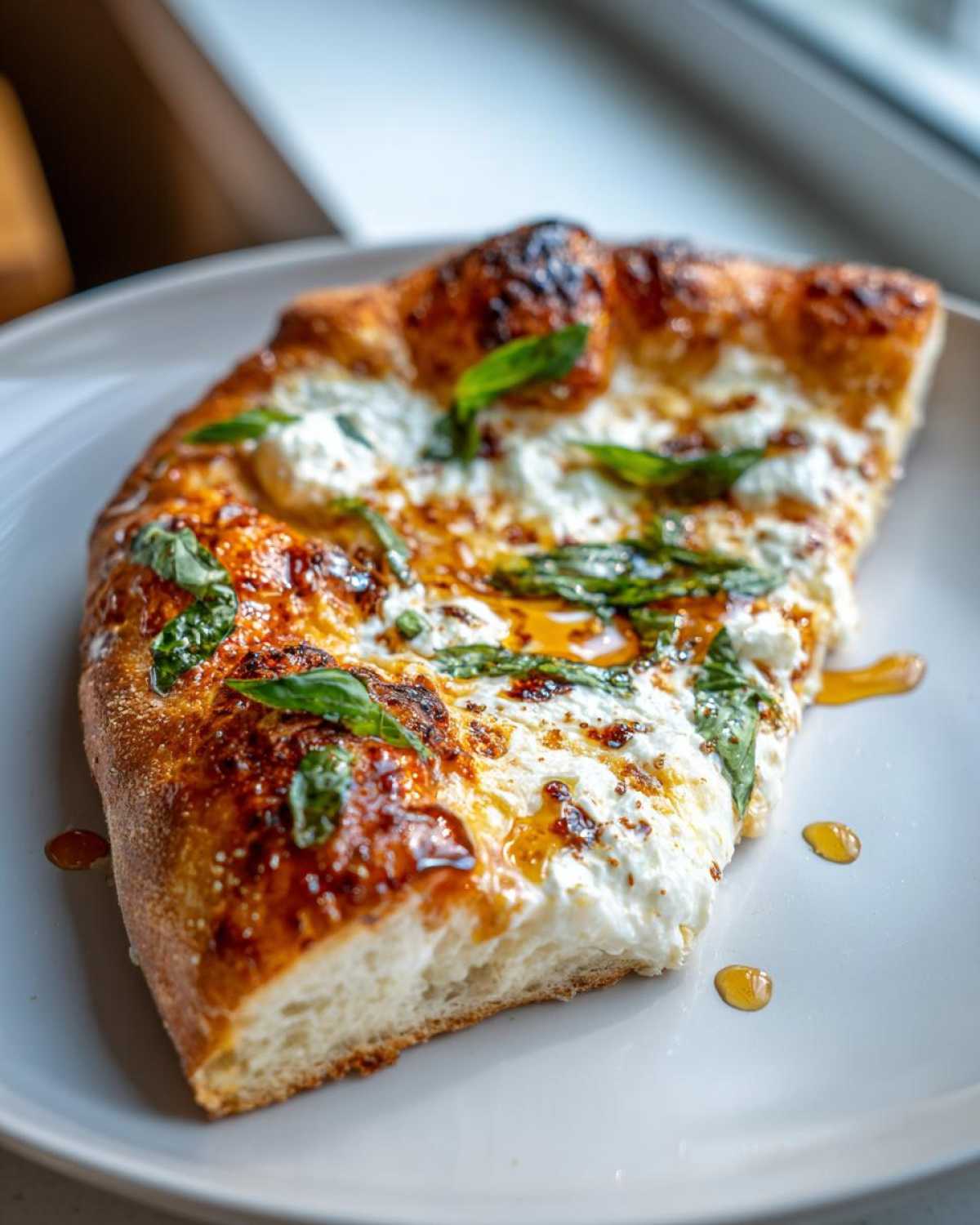 Close-up of a slice of Irresistible Hot Honey Ricotta Pizza showing thick crust, white ricotta, and drizzled honey.