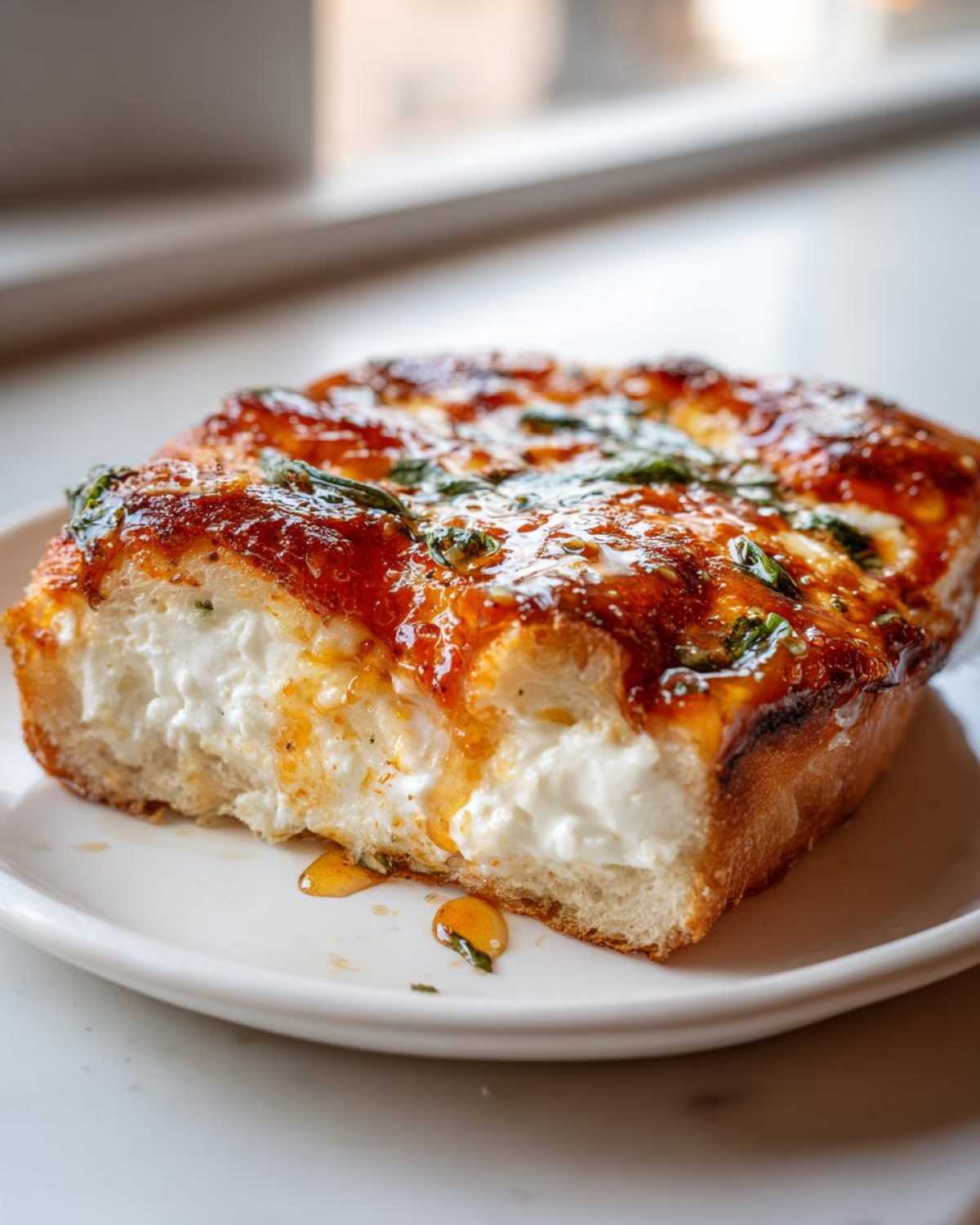 Close-up of a thick slice of Irresistible Hot Honey Ricotta Pizza showing fluffy ricotta and a shiny hot honey glaze.
