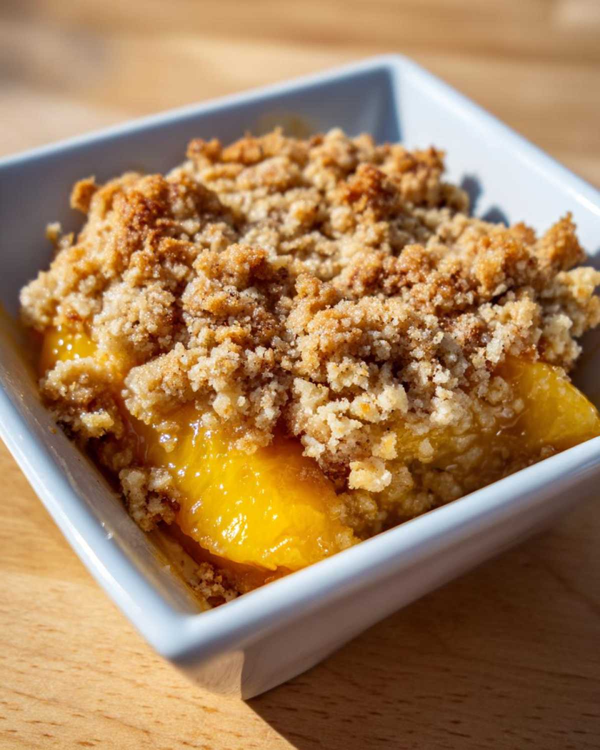 A close-up of a warm, individual serving of Peach Crumble in a white square dish.