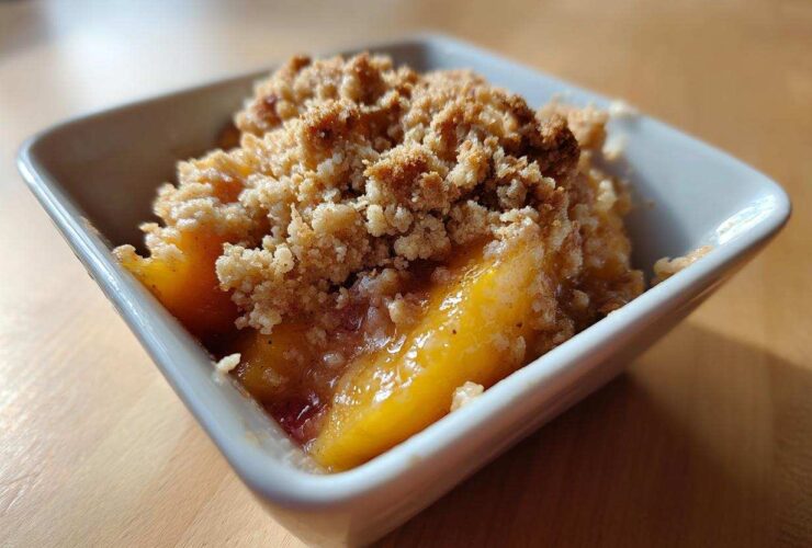 Close-up of a warm, individual serving of Peach Crumble with golden baked topping in a white square dish.