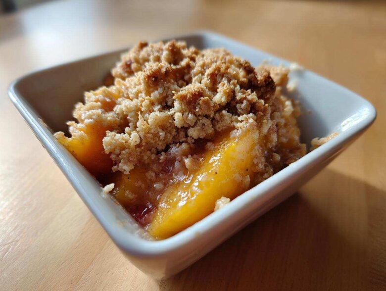Close-up of a warm, individual serving of Peach Crumble with golden baked topping in a white square dish.