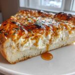 Cross-section of a thick crust pizza slice topped generously with creamy ricotta, drizzled with hot honey, making the Irresistible Hot Honey Ricotta Pizza Delight.
