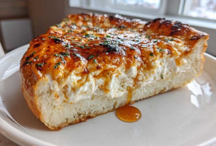 Cross-section of a thick crust pizza slice topped generously with creamy ricotta, drizzled with hot honey, making the Irresistible Hot Honey Ricotta Pizza Delight.