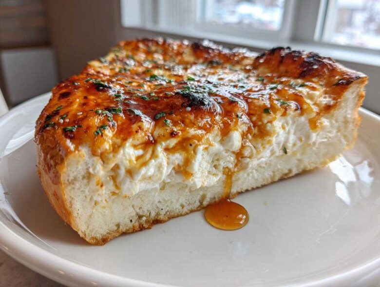 Cross-section of a thick crust pizza slice topped generously with creamy ricotta, drizzled with hot honey, making the Irresistible Hot Honey Ricotta Pizza Delight.