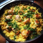 Close-up of golden Lemon Chicken and Orzo Dinner served in a black skillet, topped with fresh parsley.