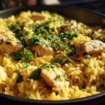 Close-up of Lemon Chicken and Orzo Dinner cooked in a dark skillet, topped with fresh parsley.