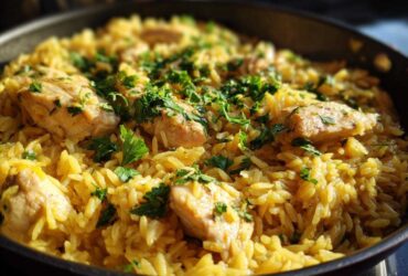 Close-up of Lemon Chicken and Orzo Dinner cooked in a dark skillet, topped with fresh parsley.