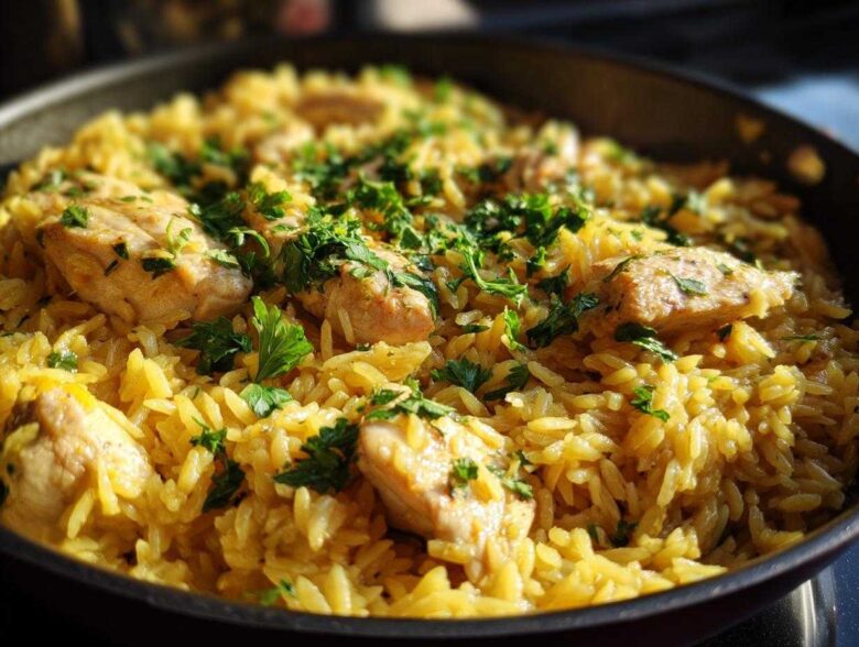 Close-up of Lemon Chicken and Orzo Dinner cooked in a dark skillet, topped with fresh parsley.