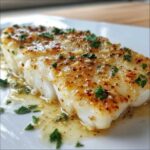 Close-up of a perfectly cooked piece of Lemon Garlic Butter Cod Tender & garnished with fresh parsley.