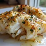 Close-up of flaky, white Lemon Garlic Butter Cod Tender topped with herbs and glistening butter sauce.