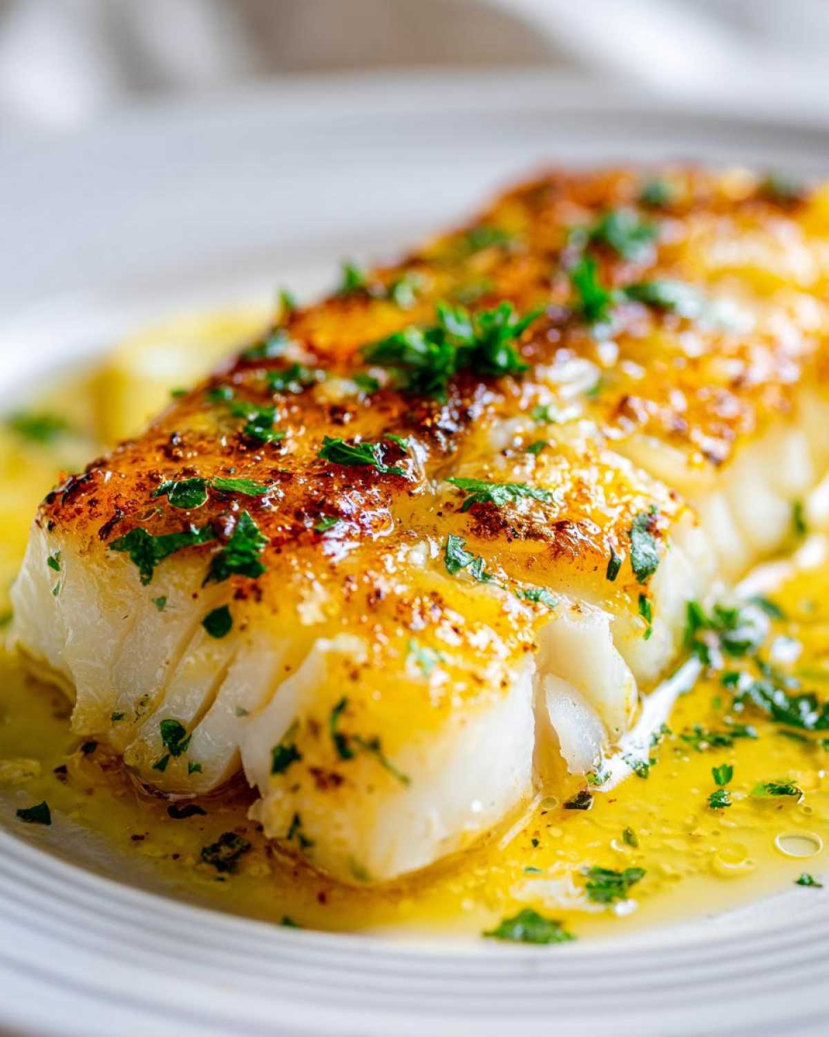 Close-up of a perfectly cooked Lemon Garlic Butter Cod Tender in rich, bright yellow sauce, topped with fresh parsley.