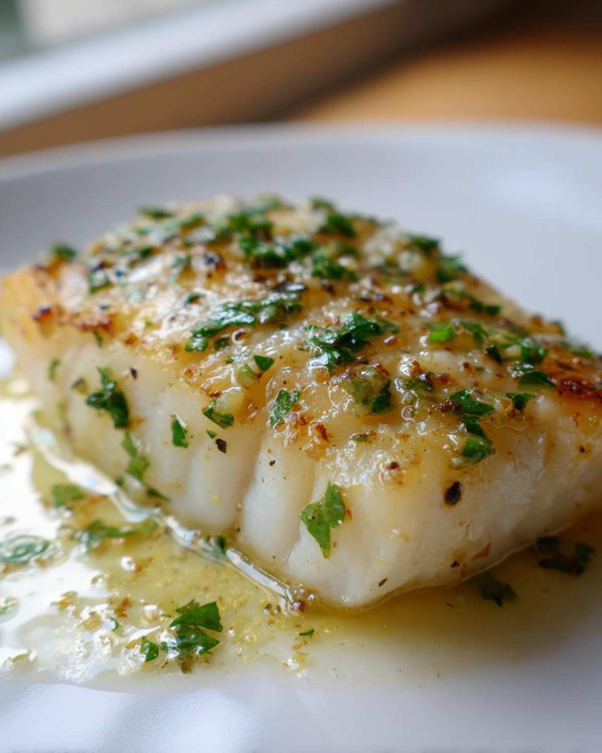 Close-up of a perfectly cooked Lemon Garlic Butter Cod Tender, glistening with butter sauce and topped with fresh parsley.