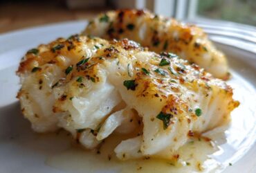 Close-up of flaky, white Lemon Garlic Butter Cod Tender topped with herbs and glistening butter sauce.