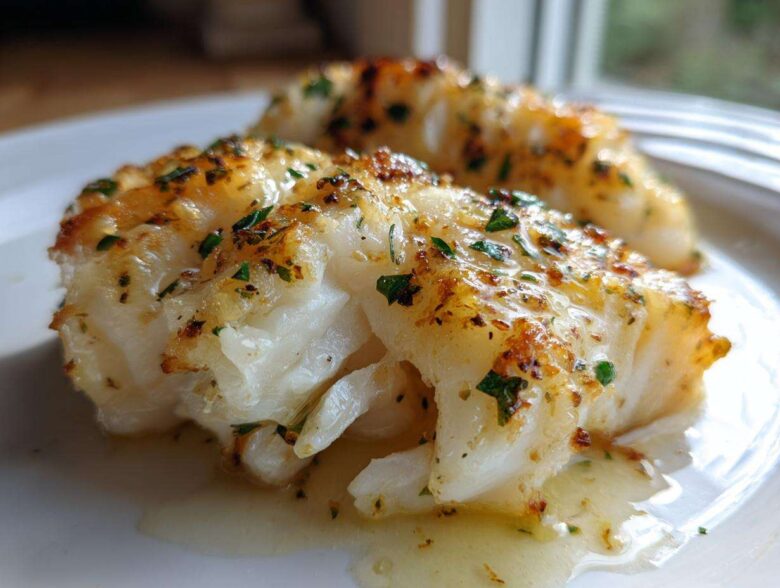 Close-up of flaky, white Lemon Garlic Butter Cod Tender topped with herbs and glistening butter sauce.