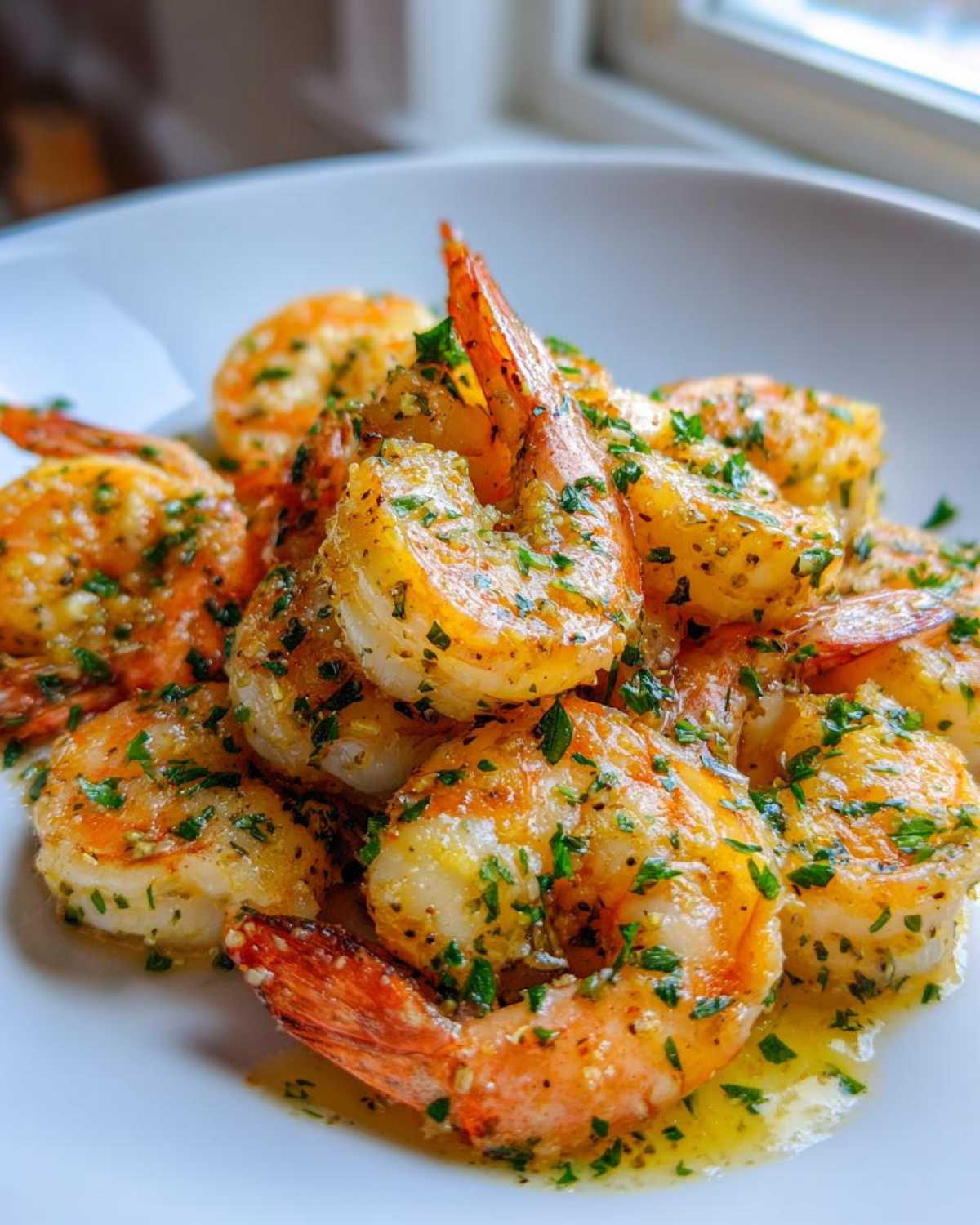A close-up of perfectly cooked Lemon Garlic Shrimp coated in butter sauce and fresh chopped parsley, served in a white bowl.