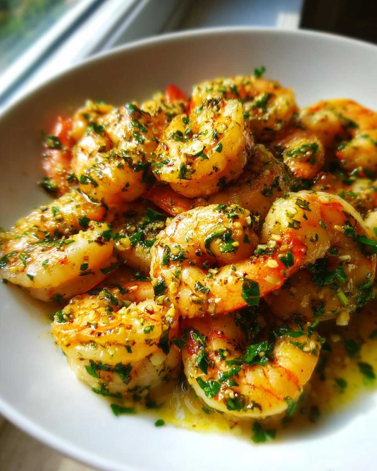A close-up of succulent, cooked Lemon Garlic Shrimp coated in a rich, buttery sauce with visible minced garlic and fresh parsley.