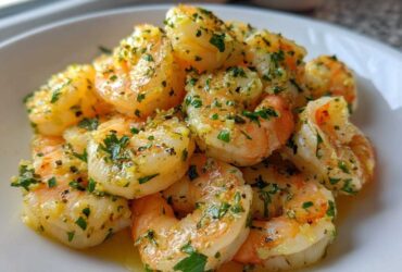 A close-up shot of cooked Lemon Garlic Shrimp piled on a white plate, glistening with butter sauce and fresh parsley.