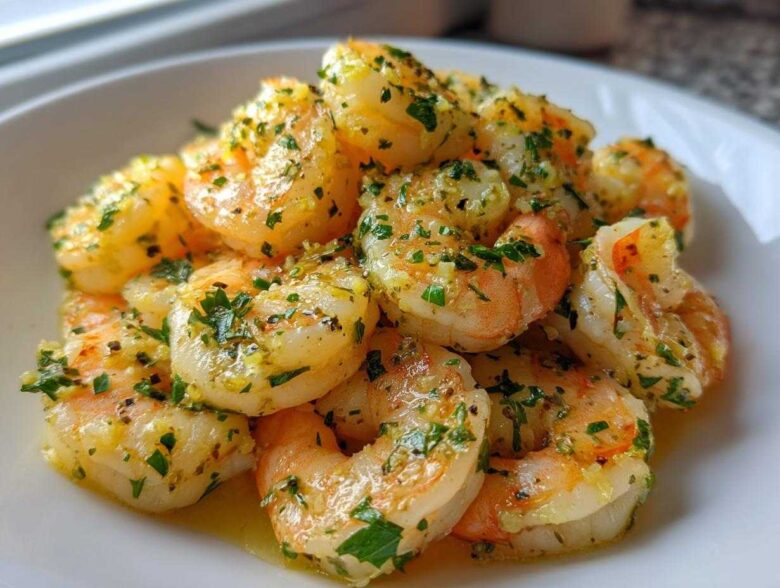 A close-up shot of cooked Lemon Garlic Shrimp piled on a white plate, glistening with butter sauce and fresh parsley.