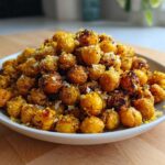 A white bowl filled with crispy, golden Lemon Parmesan Roasted Chickpeas sprinkled with cheese.