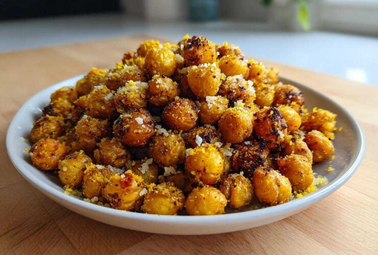 A white bowl filled with crispy, golden Lemon Parmesan Roasted Chickpeas sprinkled with cheese.