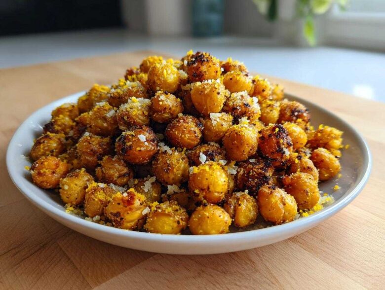 A white bowl filled with crispy, golden Lemon Parmesan Roasted Chickpeas sprinkled with cheese.