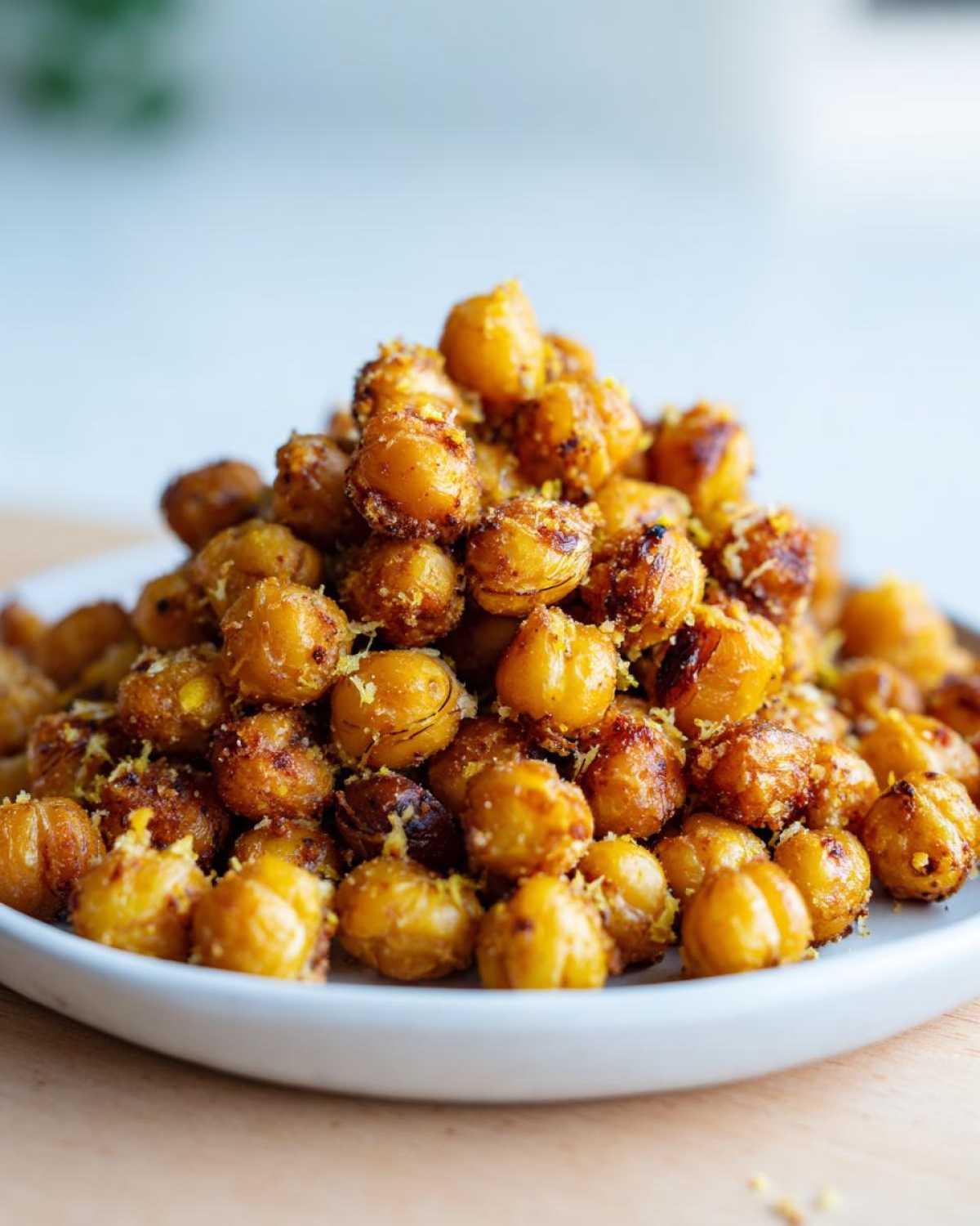 Close-up of a mound of golden, crispy Lemon Parmesan Roasted Chickpeas sprinkled with zest on a white plate.