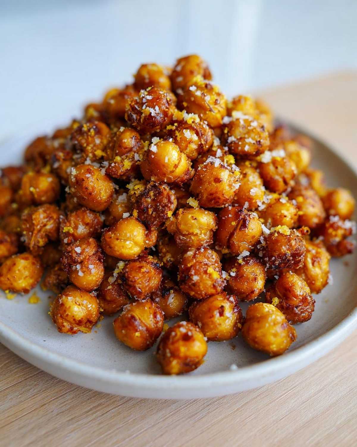 A mound of crispy, golden Lemon Parmesan Roasted Chickpeas topped with coarse salt and zest on a light gray plate.