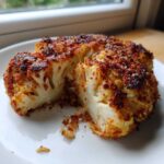 A thick slice of Life Changing Crispy Baked Cauliflower Steaks, showing a golden-brown, seasoned crust and tender white interior.