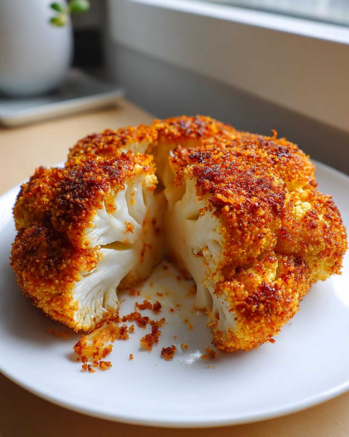 A whole roasted cauliflower, cut in half, showing the crispy, golden-brown coating of the Life Changing Crispy Baked Cauliflower Steaks.