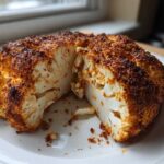 A whole roasted cauliflower, cut to show the tender interior and crispy, seasoned crust of the Life Changing Crispy Baked Cauliflower Steaks.
