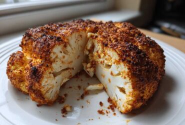A whole roasted cauliflower, cut to show the tender interior and crispy, seasoned crust of the Life Changing Crispy Baked Cauliflower Steaks.