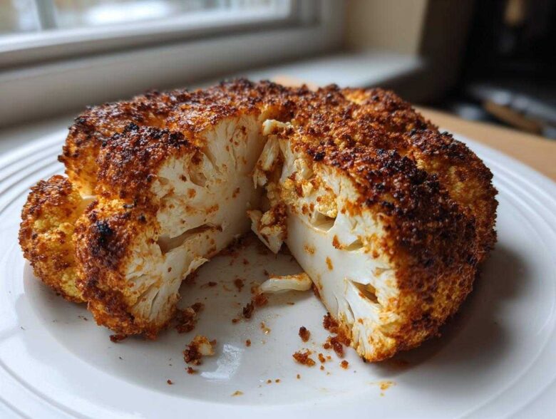 A whole roasted cauliflower, cut to show the tender interior and crispy, seasoned crust of the Life Changing Crispy Baked Cauliflower Steaks.