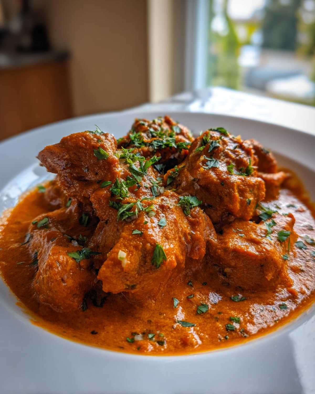 Close-up of tender chicken pieces coated in a vibrant orange, creamy sauce, garnished with fresh herbs, representing delicious Butter Chicken.