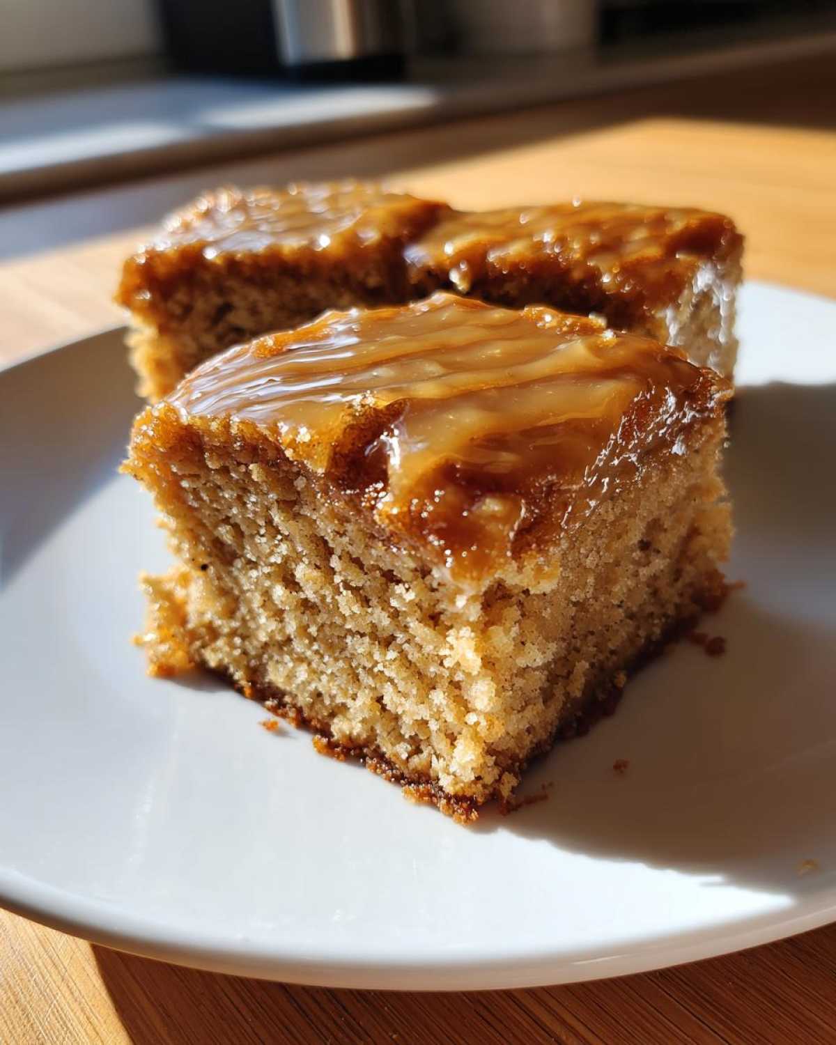 Two squares of Moist Banana Bars with Browned Butter Vanilla Glaze glistening under sunlight on a white plate.