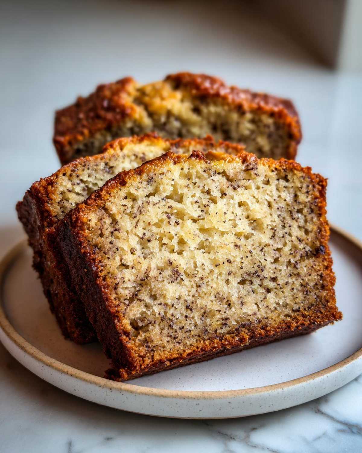 Close-up of three thick slices of moist Banana Bread with dark banana specks on a speckled white plate.
