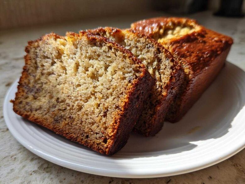 Three thick slices of moist Banana Bread displayed on a white plate, showing a rich, golden-brown crust.
