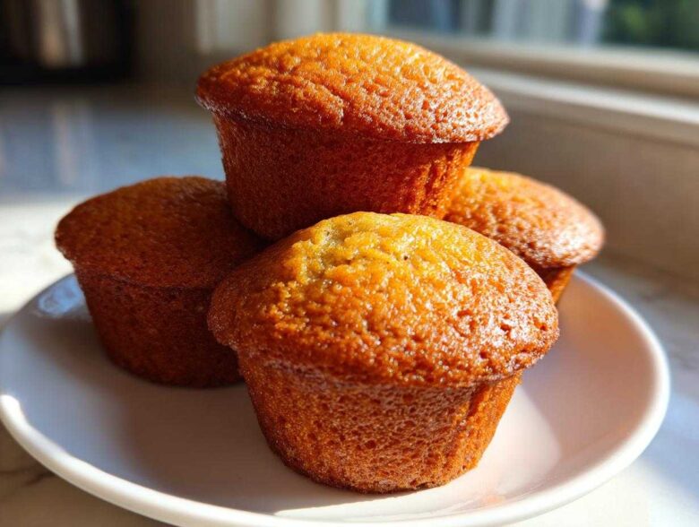 A stack of four perfectly baked, golden brown Banana Muffins sitting on a small white plate in natural sunlight.