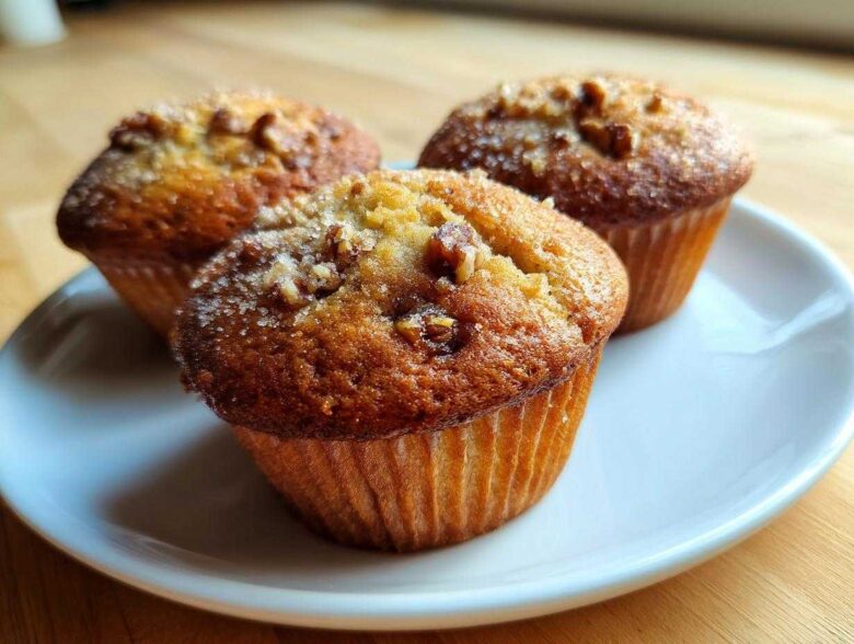 Three golden brown Banana Nut Muffins topped with chopped nuts and coarse sugar, resting on a white plate.