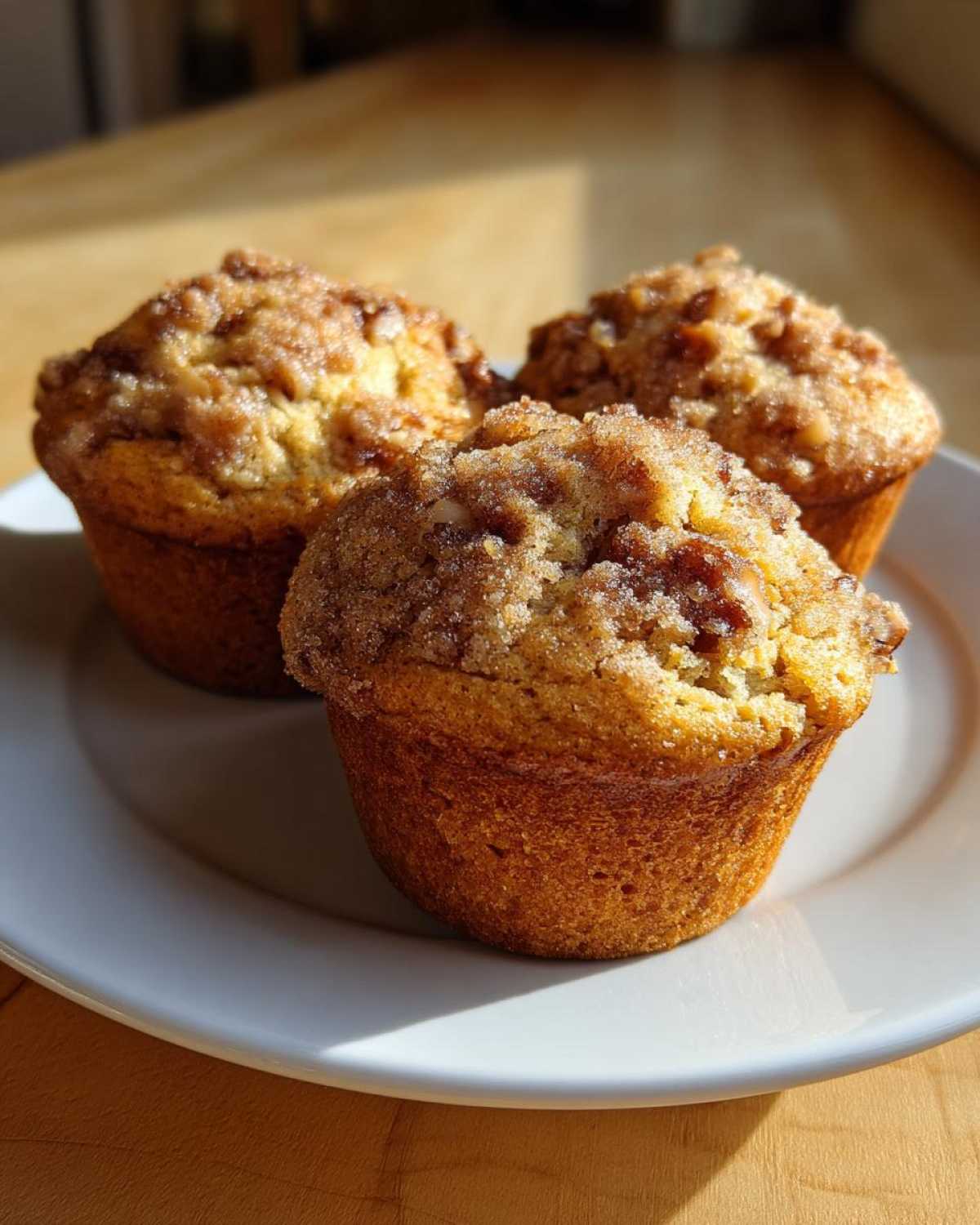 Three freshly baked Banana Nut Muffins with a sugary, crumbly streusel topping, resting on a white plate.