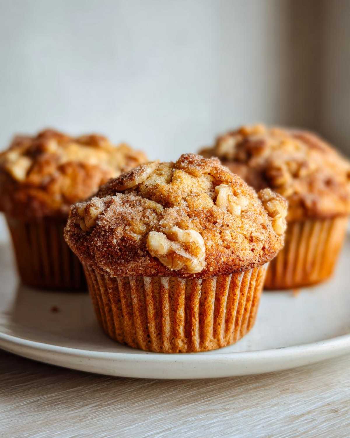 Close-up of a moist Banana Nut Muffin topped with walnuts and cinnamon sugar.