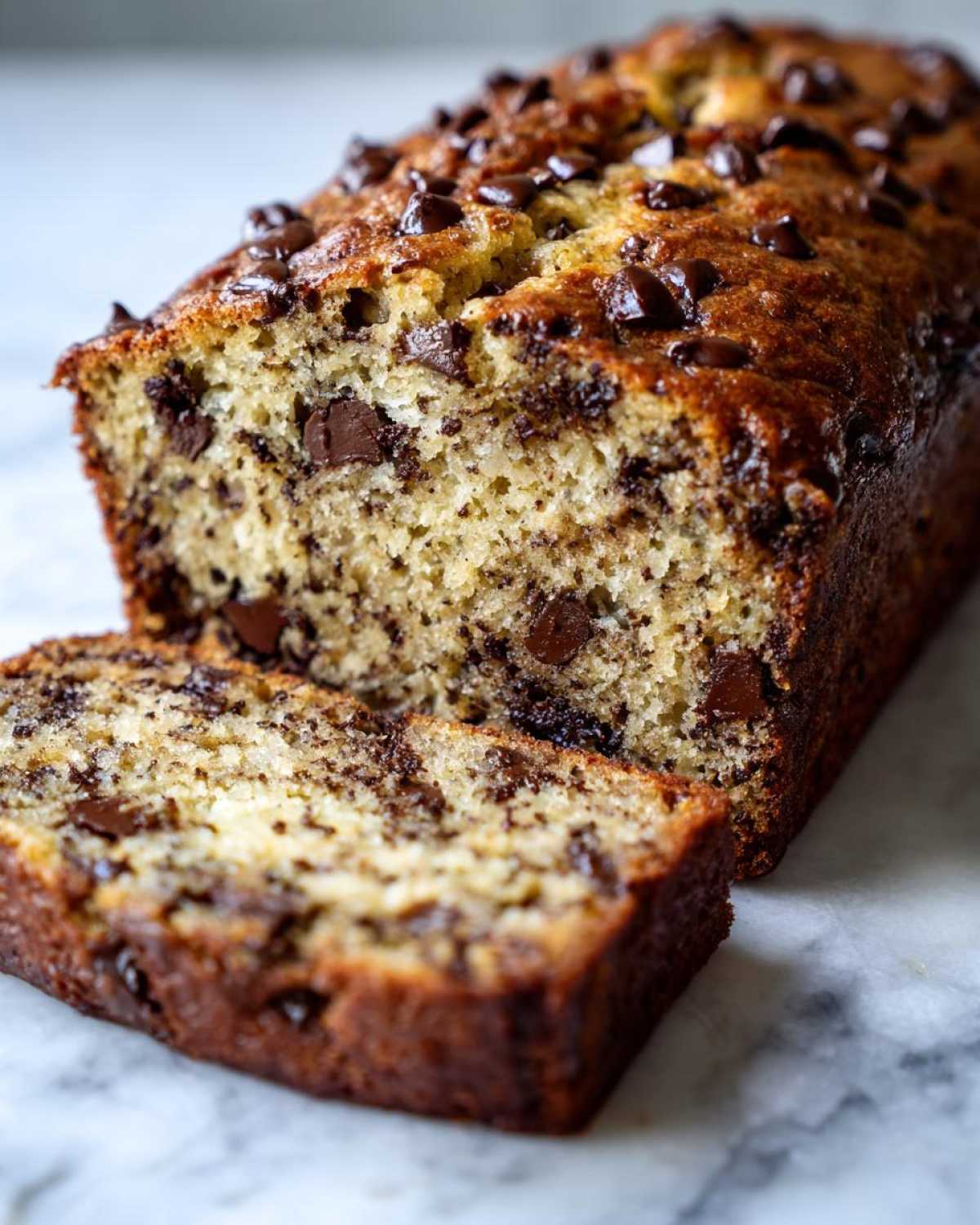 A close-up of a moist Chocolate Chip Banana Bread loaf with one slice cut and resting in front.