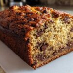 Close-up of a freshly baked, moist Chocolate Chip Banana Bread loaf showing the golden crust and rich chocolate chips inside.