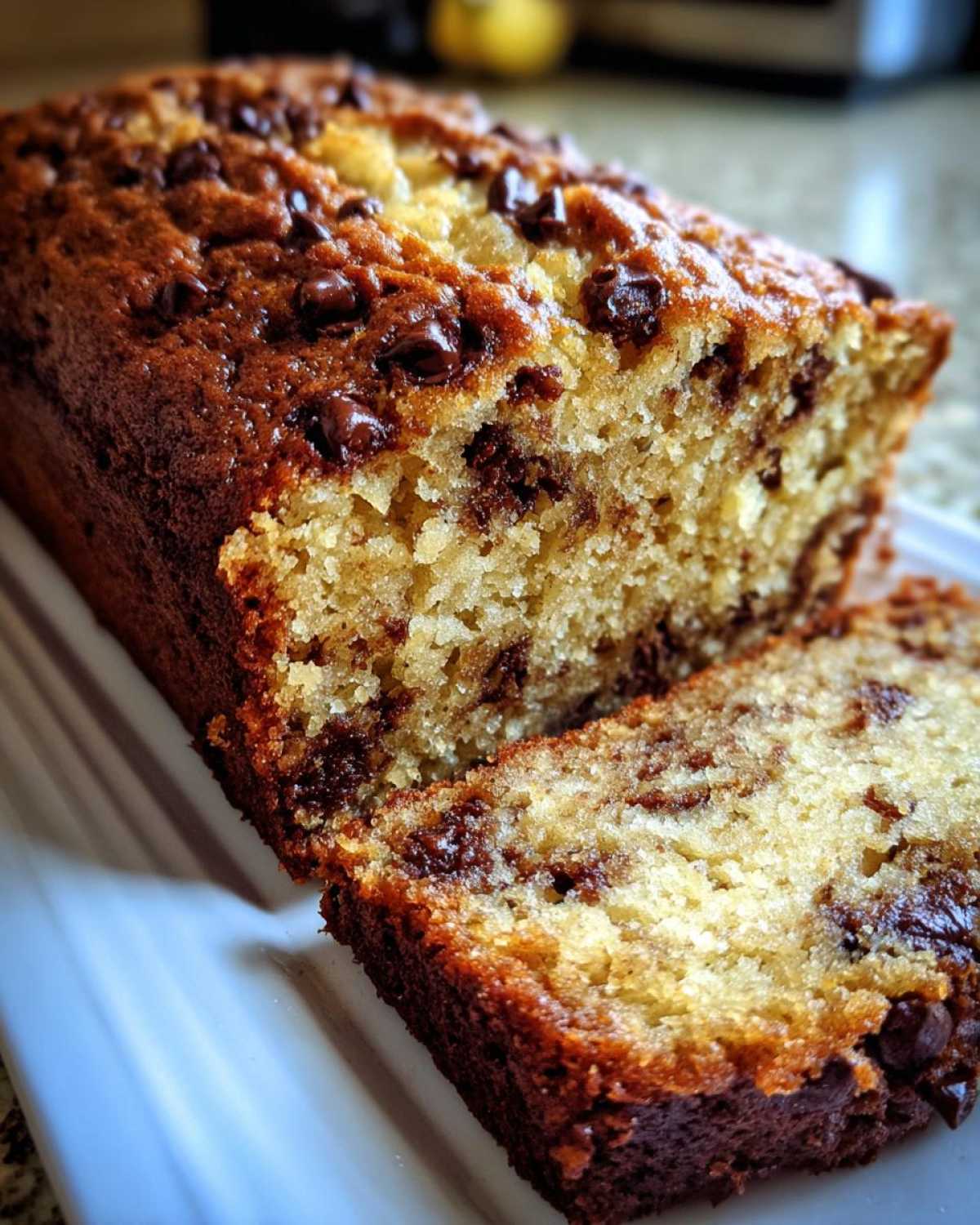 Close-up of a moist Chocolate Chip Banana Bread loaf with one slice cut, showing rich chocolate chips throughout the crumb.