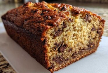 Close-up of a freshly baked, moist Chocolate Chip Banana Bread loaf showing the golden crust and rich chocolate chips inside.