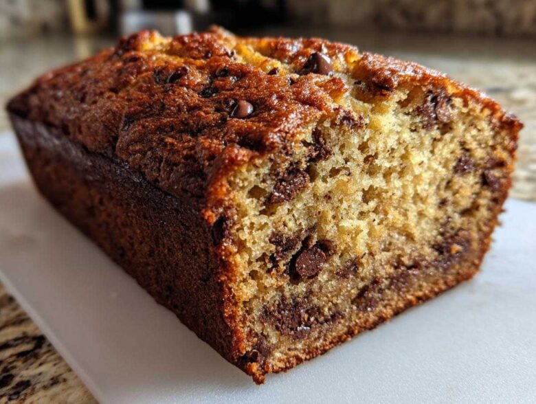 Close-up of a freshly baked, moist Chocolate Chip Banana Bread loaf showing the golden crust and rich chocolate chips inside.