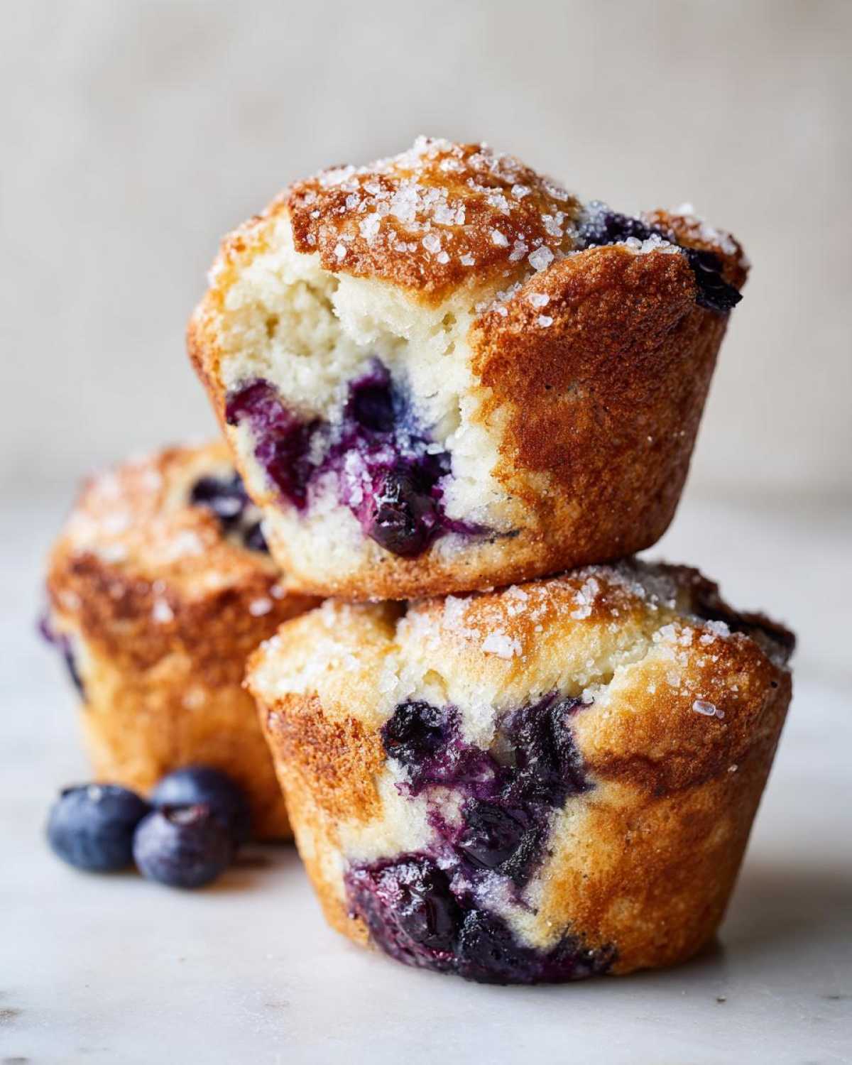 Close-up of stacked, moist and fluffy bakery style blueberry muffins topped with coarse sugar.