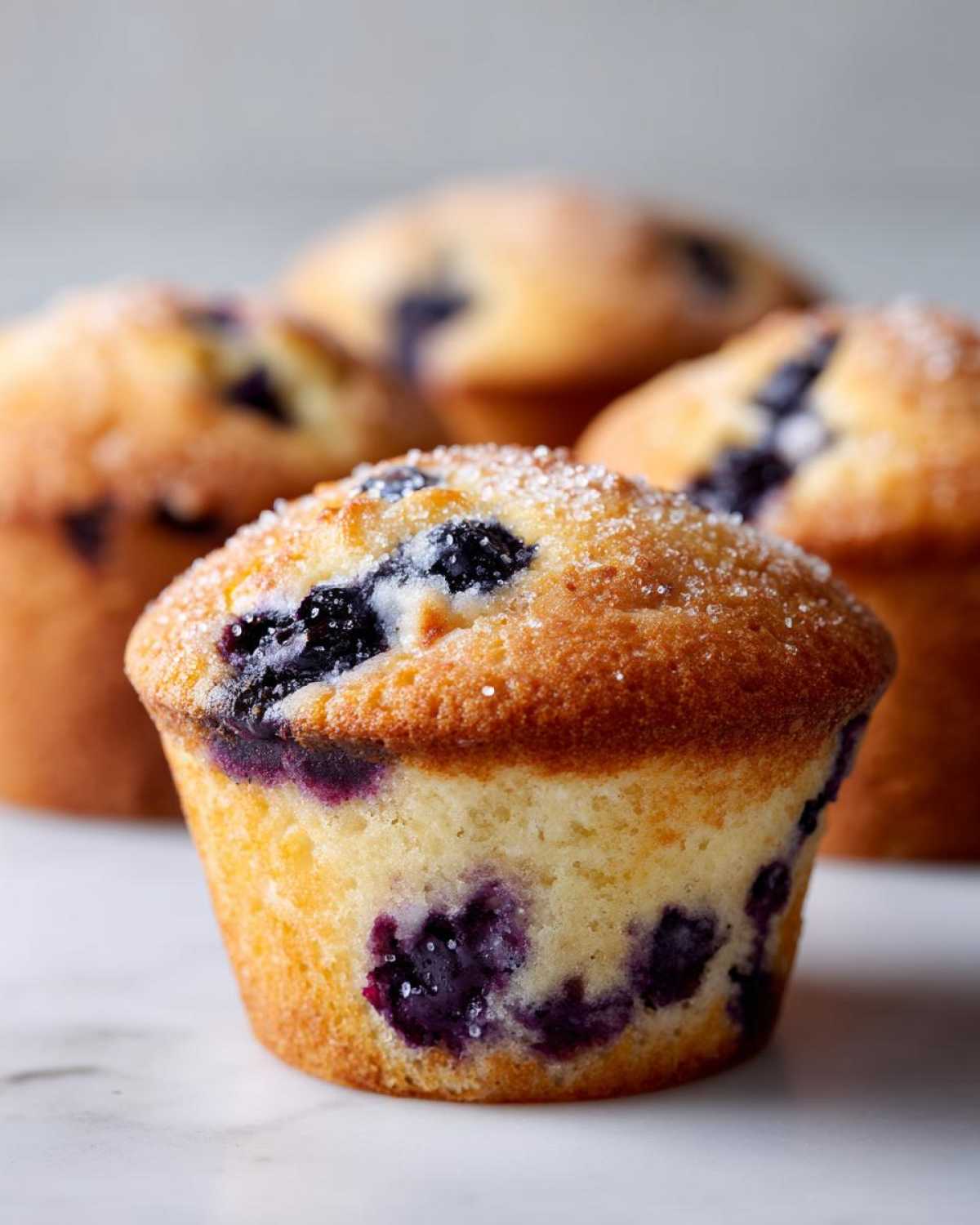A close-up of a freshly baked, Moist and Fluffy Bakery Style Blueberry Muffin topped with coarse sugar.