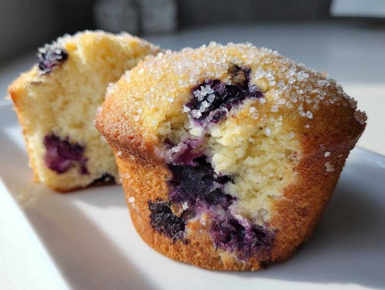 Close-up of two Moist and Fluffy Bakery Style Blueberry Muffins, one cut open to show the crumb and blueberries, topped with coarse sugar.